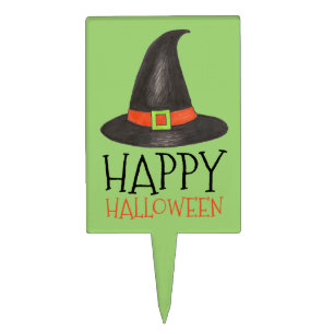 Happy Halloween Witch Hat Trick or Treat Green Cake Topper