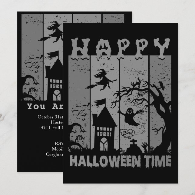 Happy Halloween Witch House Ghost Cemetery B&W Invitation (Front/Back)
