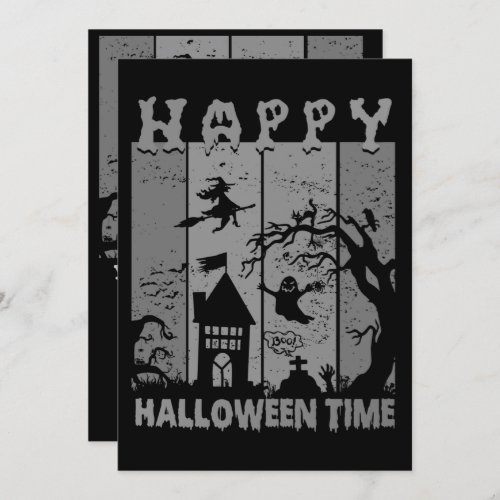 Happy Halloween Witch House Ghost Cemetery BW Invitation
