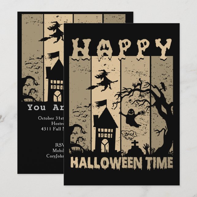 Happy Halloween Witch House Ghost Cemetery Sepia Invitation (Front/Back)