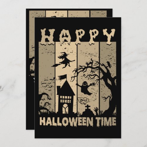 Happy Halloween Witch House Ghost Cemetery Sepia Invitation