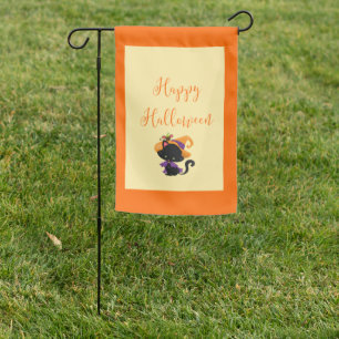 Happy Halloween Witch Kitten Orange Border Garden Flag