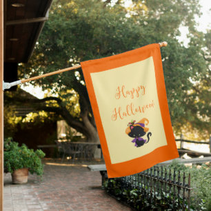 Happy Halloween Witch Kitten Orange Border House Flag