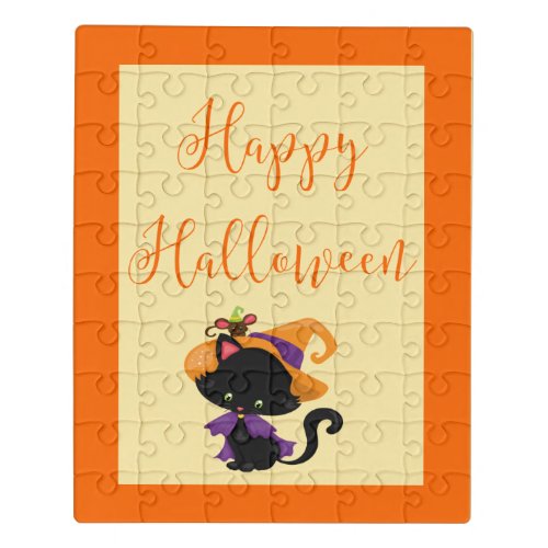 Happy Halloween Witch Kitten Orange Border   Jigsaw Puzzle