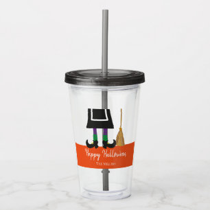 Happy Halloween Witch Legs & Broom Personalized Acrylic Tumbler