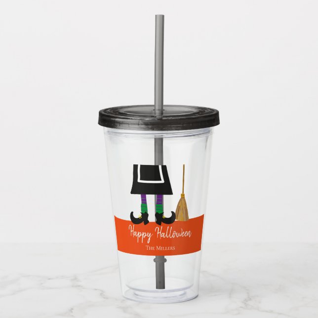 Happy Halloween Witch Legs & Broom Personalized Acrylic Tumbler (Front)