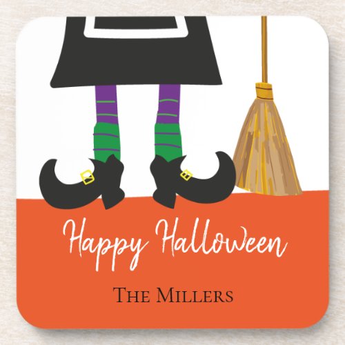 Happy Halloween Witch Legs  Broom Personalized Beverage Coaster