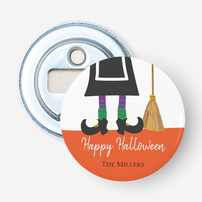 Happy Halloween Witch Legs & Broom Personalized Bottle Opener (Front)