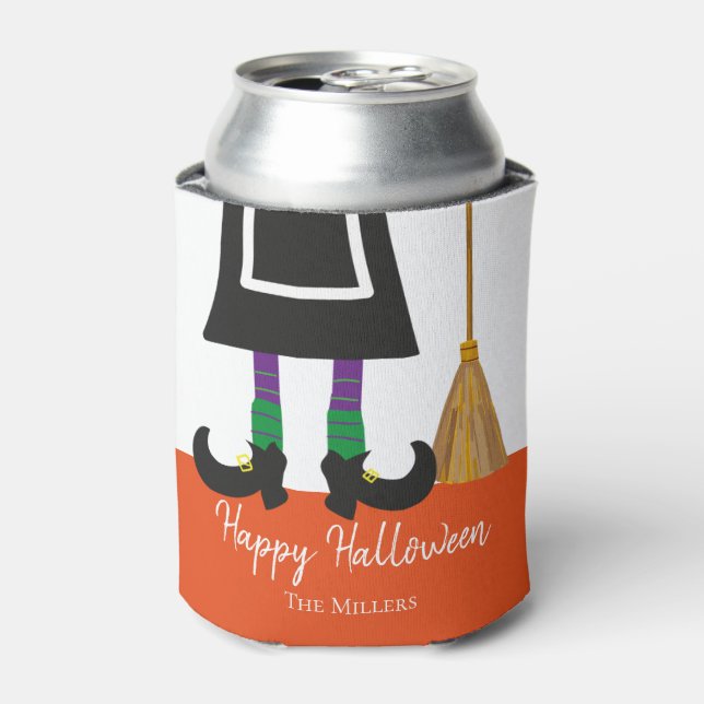 Happy Halloween Witch Legs & Broom Personalized  Can Cooler (Can Front)