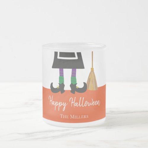 Happy Halloween Witch Legs  Broom Personalized Frosted Glass Coffee Mug