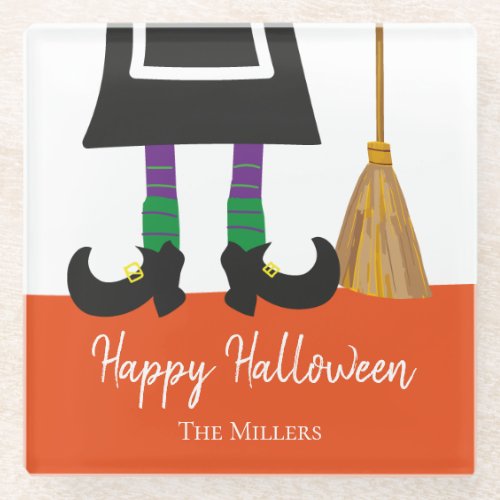 Happy Halloween Witch Legs  Broom Personalized Glass Coaster