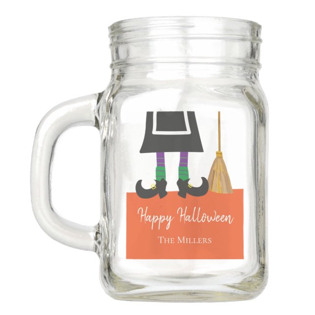 Happy Halloween Witch Legs & Broom Personalized Mason Jar (Back)