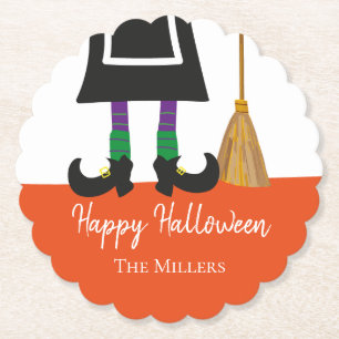Happy Halloween Witch Legs & Broom Personalized Paper Coaster