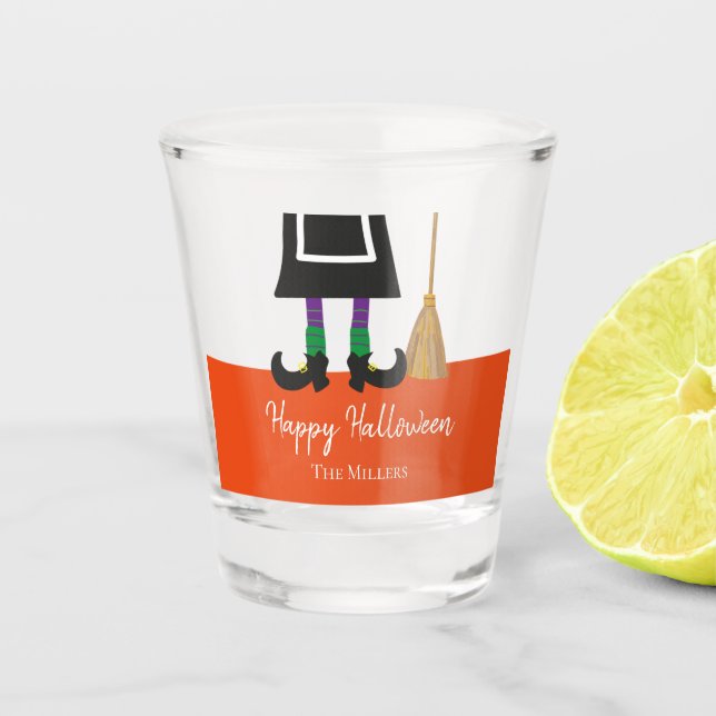 Happy Halloween Witch Legs & Broom Personalized Shot Glass (Front)