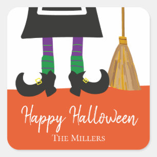 Happy Halloween Witch Legs & Broom Personalized Square Sticker