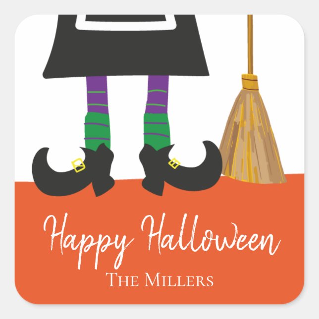 Happy Halloween Witch Legs & Broom Personalized Square Sticker (Front)
