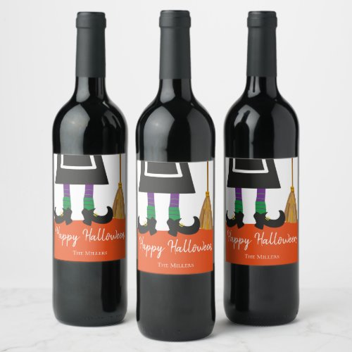 Happy Halloween Witch Legs  Broom Personalized Wine Label