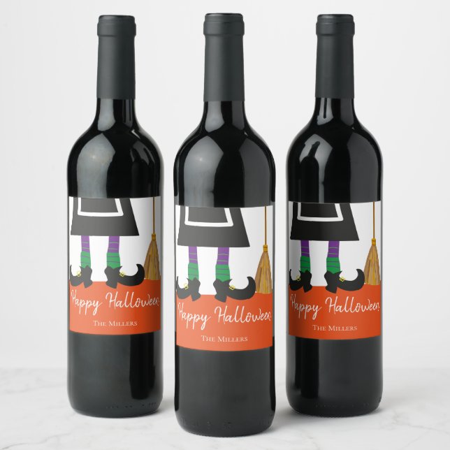 Happy Halloween Witch Legs & Broom Personalized Wine Label (Bottles)