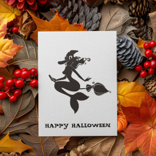 Happy Halloween Witch Mermaid on Broom Postcard