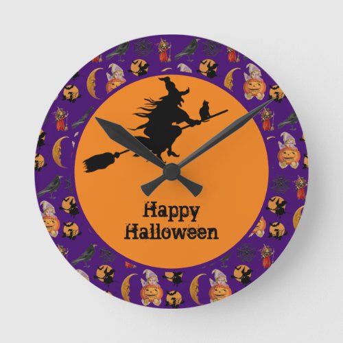 Happy Halloween Witch on a Broom Home Decor Round Clock