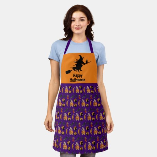 Happy Halloween Witch on a Broom Purple and Orange Apron