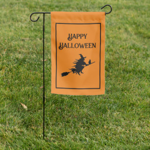 Happy Halloween Witch on Broom Orange and Black Garden Flag