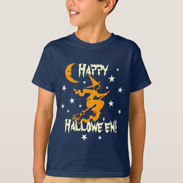 Happy Halloween Witch on Broom Stars Orange Moon T-Shirt (Front)