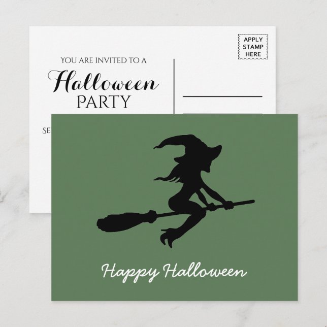 Happy Halloween, Witch On Broomstick Invitation Postcard (Front/Back)