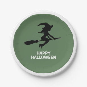 Happy Halloween, Witch On Broomstick Paper Plates