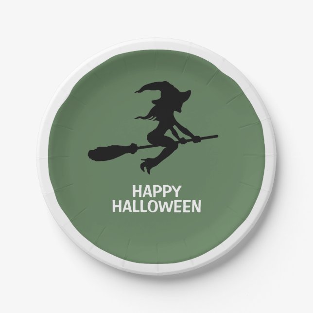 Happy Halloween, Witch On Broomstick Paper Plates (Front)