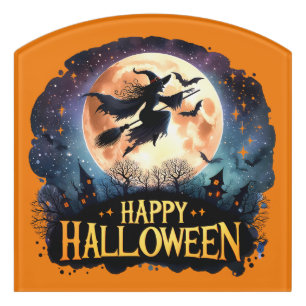 Happy Halloween - Witch on flying Broom Door Sign