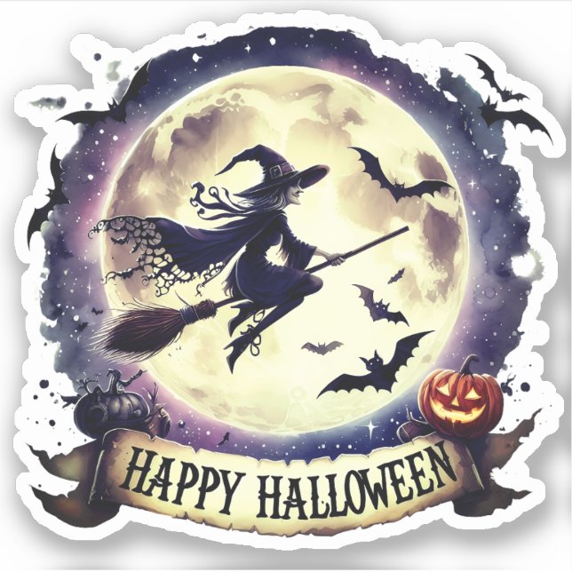 Happy Halloween - Witch on flying Broom  Sticker (Front)