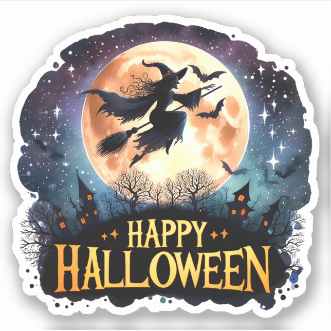 Happy Halloween - Witch on flying Broom  Sticker (Front)