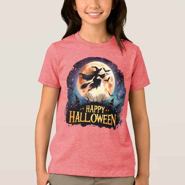 Happy Halloween - Witch on flying Broom  Tri-Blend Shirt (Front)