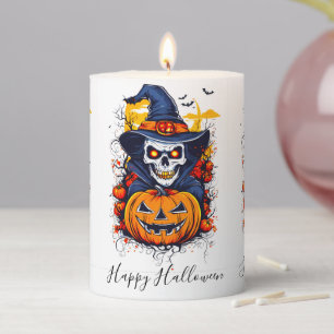 Happy Halloween Witch Pumpkin Bats Pillar Candle