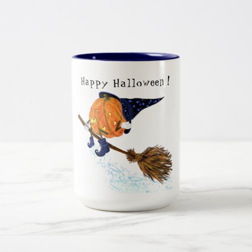 Happy Halloween Witch Pumpkin Flying Broom _ Fun Two_Tone Coffee Mug