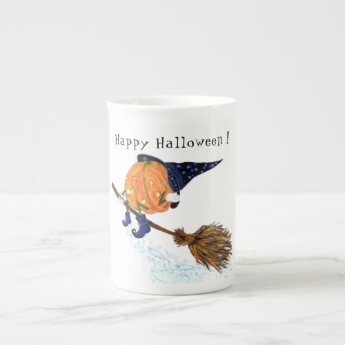 Happy Halloween Witch Pumpkin Flying Broom _ Funny Bone China Mug