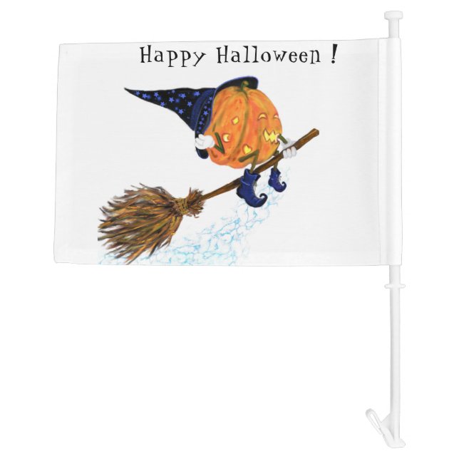 Happy Halloween Witch Pumpkin Flying Broom - Funny Car Flag (Back)