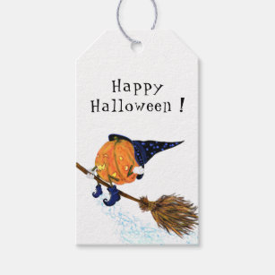 Happy Halloween Witch Pumpkin Flying Broom - Funny Gift Tags