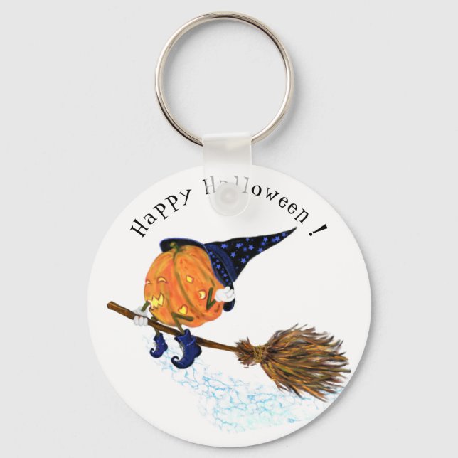 Happy Halloween Witch Pumpkin Flying Broom - Funny Keychain (Front)