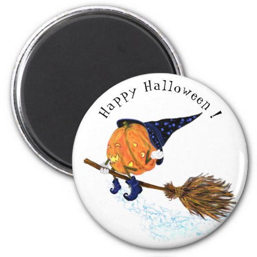 Happy Halloween Witch Pumpkin Flying Broom _ Funny Magnet
