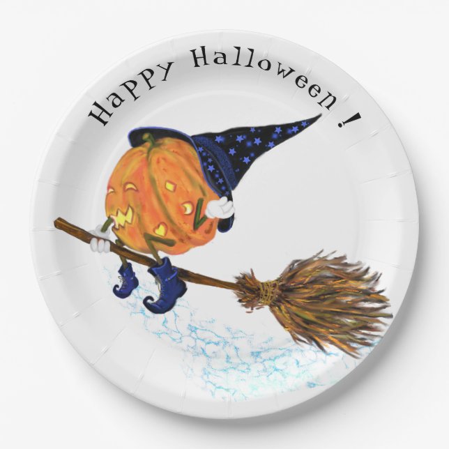 Happy Halloween Witch Pumpkin Flying Broom - Funny Paper Plates (Front)