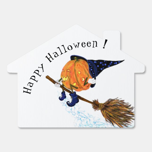 Happy Halloween Witch Pumpkin Flying Broom - Funny Sign (Front)