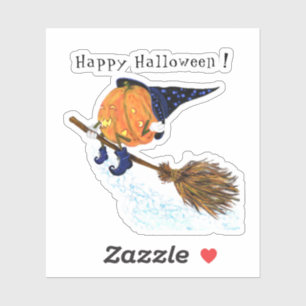 Happy Halloween Witch Pumpkin Flying Broom - Funny Sticker
