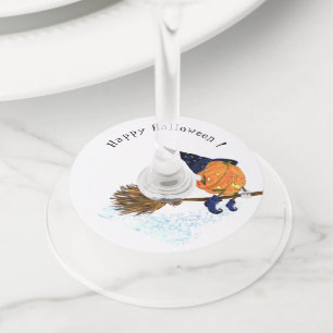 Happy Halloween Witch Pumpkin Flying Broom - Funny Wine Glass Tag