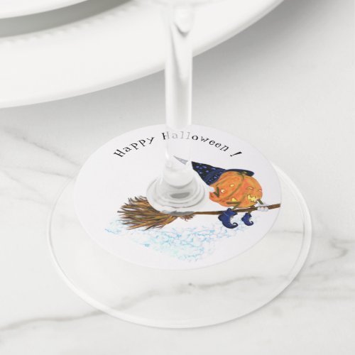 Happy Halloween Witch Pumpkin Flying Broom _ Funny Wine Glass Tag