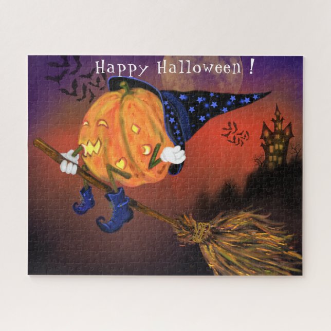 Happy Halloween Witch Pumpkin Flying with Broom Jigsaw Puzzle (Horizontal)