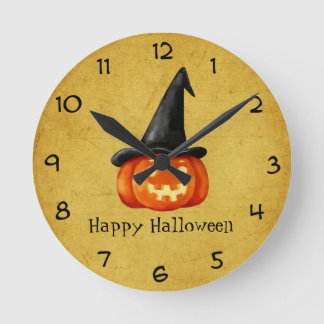 Happy Halloween Witch Pumpkin Round Clock