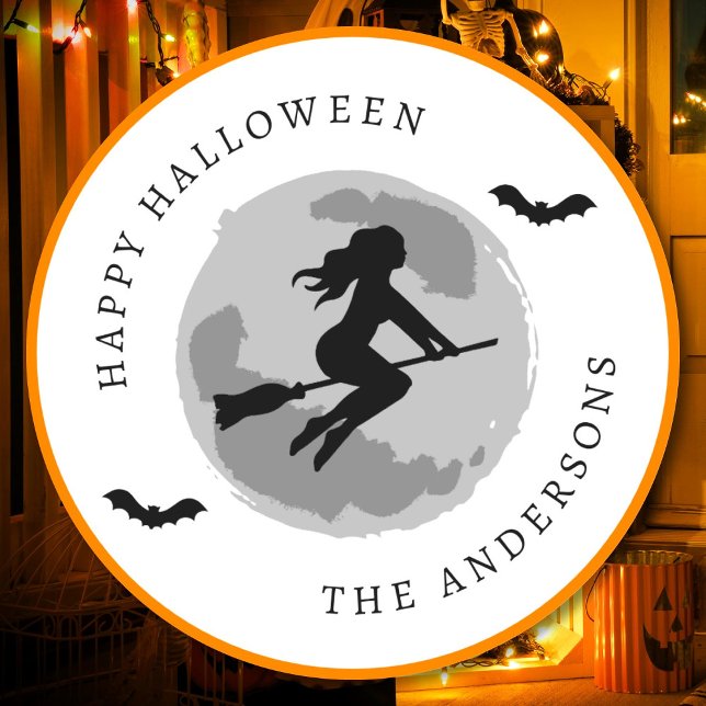 Happy Halloween Witch Riding Broom Custom Text Classic Round Sticker (Creator Uploaded)