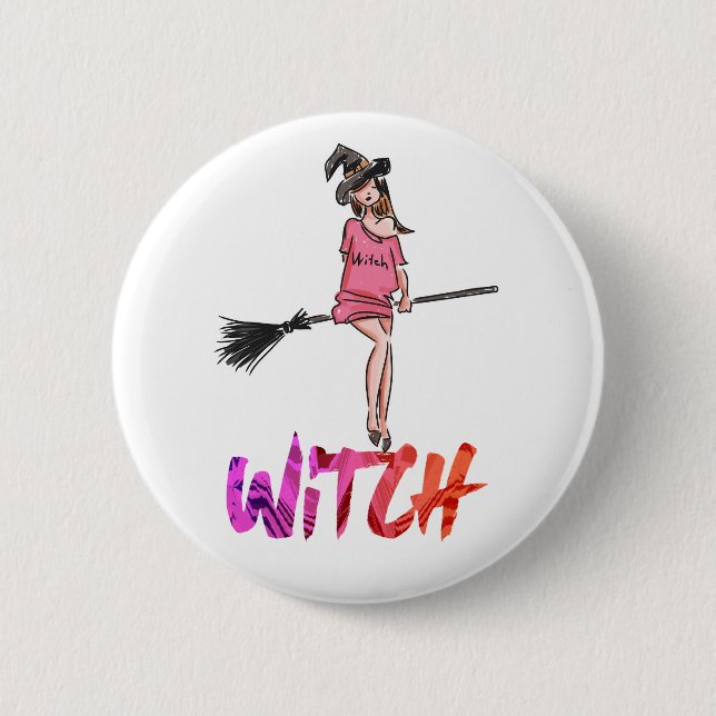 Happy Halloween Witch Setting on Broom Button (Front)